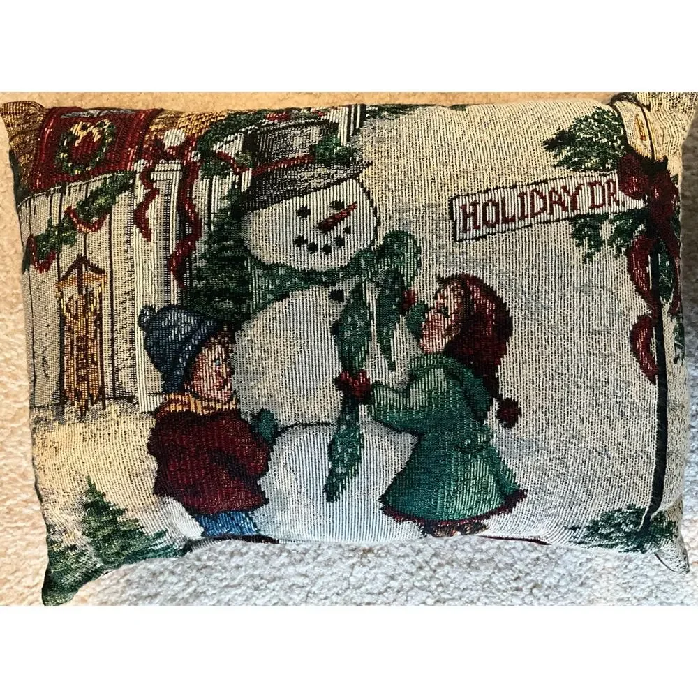 Set of 2 Winter Holiday Tapestry Deco Pillows 10X14 Snowmen & Children Burgundy